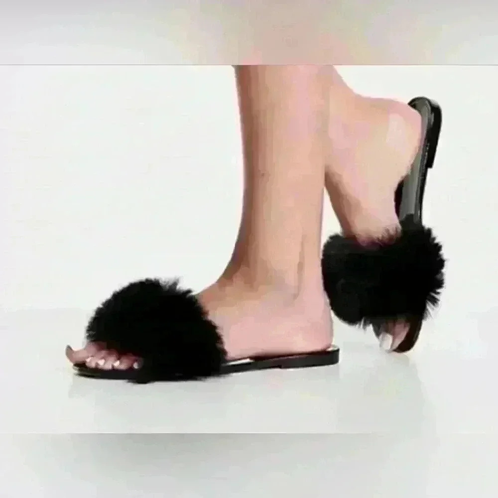 Steve Madden Black Furry Slides